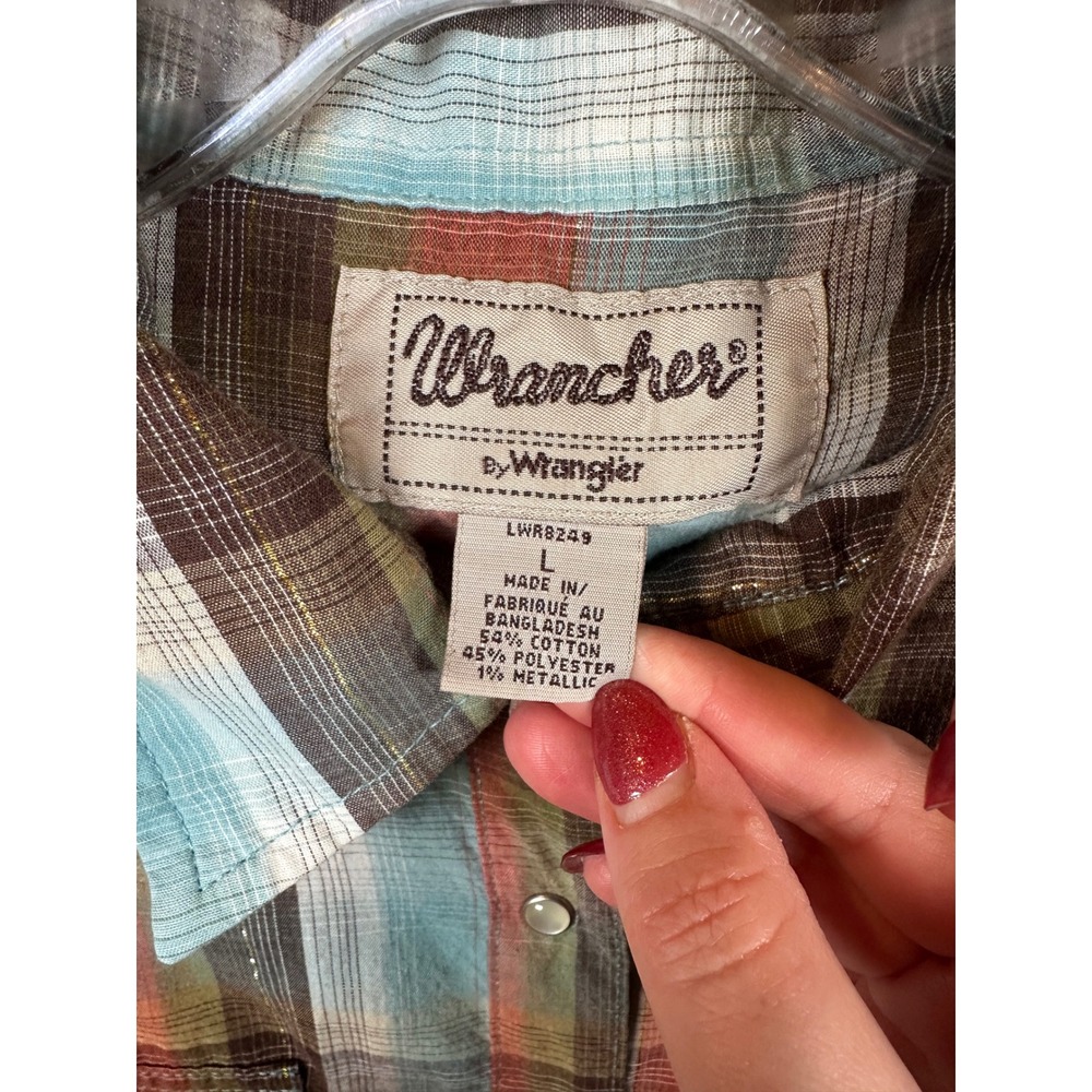 Wrangler Western Plaid Pearl Snap Long Sleeve Shirt Women's Medium Metallic - Picture 5 of 5